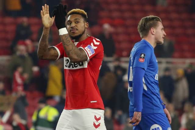 Britt Assombalonga of Middlesbrough acknowledges the Peterborough United supporters at full-time. Picture:  Joe Dent