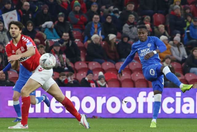 Siriki Dembele of Peterborough United shoots at goal against Middlesbrough. Photo: Joe Dent/theposh.com.