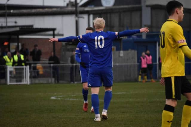 Lewis Hilliard celebrates his goal for Peterborough Sports against North Leigh. Photo: James Richardson.