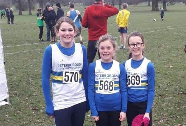 Peterborough Athletic Clubs Under 11 girls team that won team bronze in the Cambridgeshire championships. They are Maya Sangiorio, Heidi Goodley-Gray and Charlotte Smith.