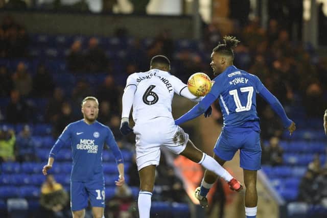 Ivan Toney gets in a header. Picture: David Lowndes