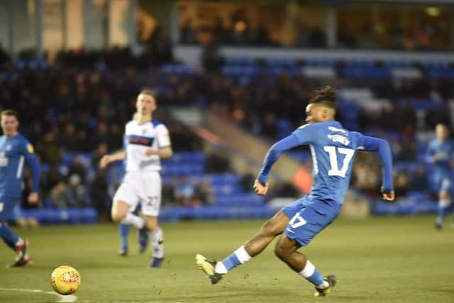 Posh striker Ivan Toney sent this chance wide against Rochdale. Photo: David Lowndes.
