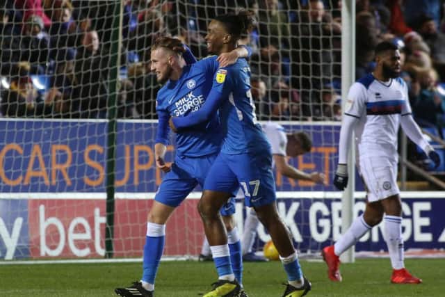 George Cooper (left) celebrates his goal for Posh against Rochdale with Ivan Toney. Photo: Joe Dent/theposh.com.