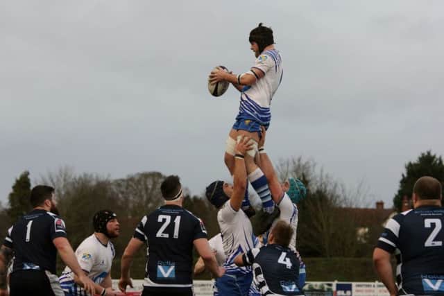 Conor Gracey wins lineout ball for the Lions at Stourbridge. Picture: Mick Sutterby