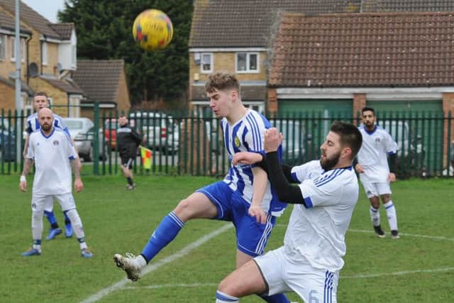 Action from the 2-2 draw between Peterborough Sports Development and ICA Sports (white). Photo: David Lowndes.