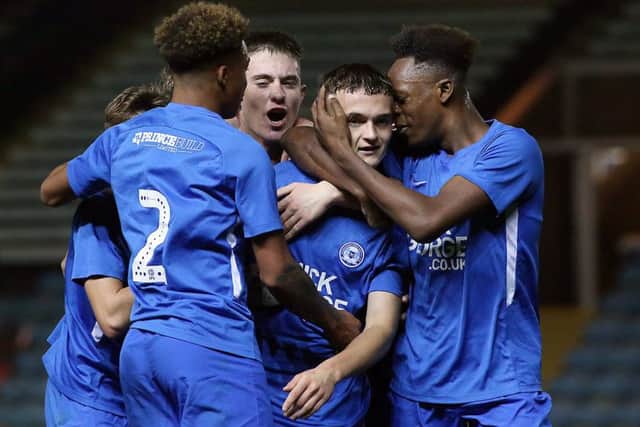 Posh players celebrate an FA Youth Cup goal.