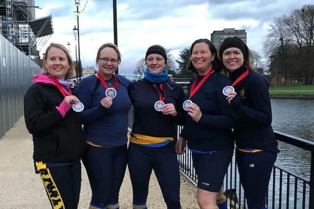 Peterborough City Rowing Clubs winning coxed four of  Ericha Knowles-Pardoe (cox), Sarah Sheldrick, Kate Read, Caroline Calver and Tina Allen.