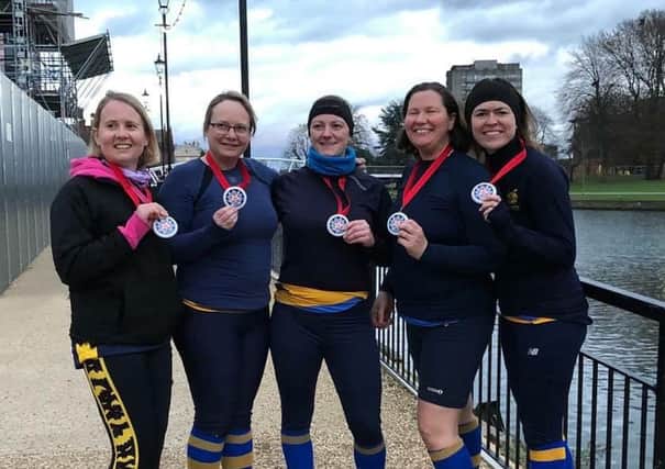 Peterborough City Rowing Clubs winning coxed four of  Ericha Knowles-Pardoe (cox), Sarah Sheldrick, Kate Read, Caroline Calver and Tina Allen.