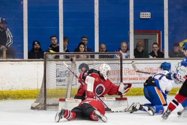 Martins Susters (on knees) scores to put Phantoms 4-2 up against Streatham. ©2018 Tom Scott. All rights reserved.