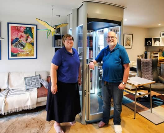Peter & Viv Kilburn with their newly installed Stiltz Homelift at Whittlesey, Cambridgeshire, 10th January, 2019. Photo by John Robertson for Stiltz Lifts/SCS PR.