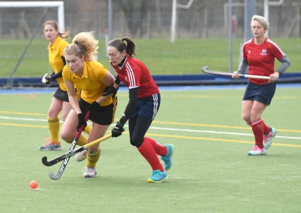 Horncastle Hockey Club, Ladies first team (yellow) v City of Peterborough 3s. Izzy Williams. v City of Peterborough 3s. Izzy Williams