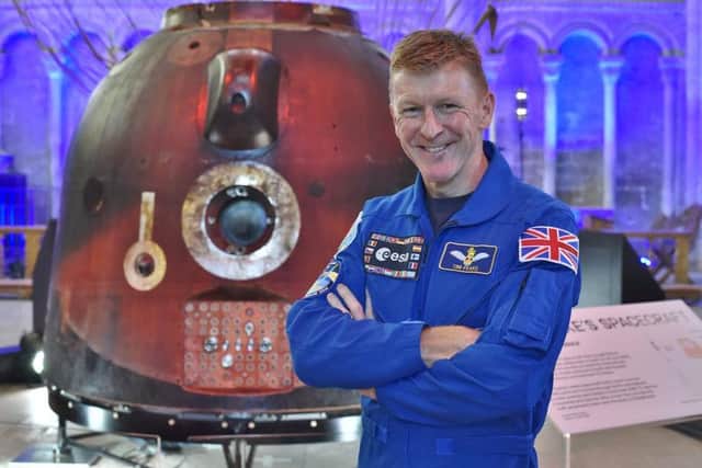 Tim Peake at the Cathedral with the Soyuz capsule