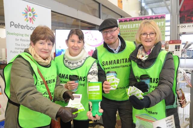 Sue Horsley, Helena Pook, Martin Pestell and Eunice Reiss from Samaritans, Peterborough at the railway station during Brew Monday. EMN-190121-113519009