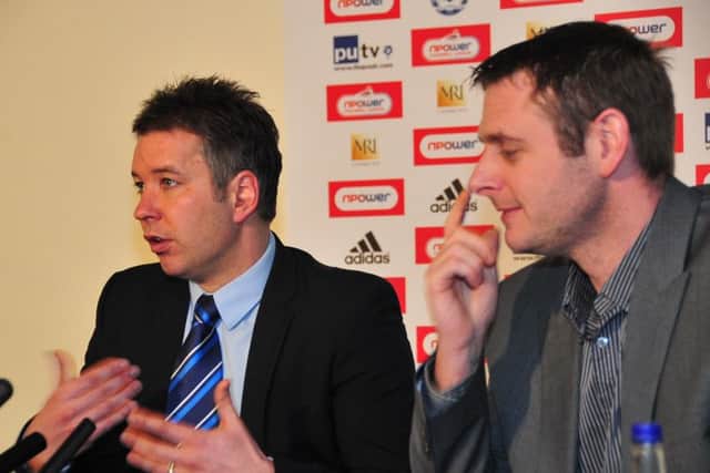 Posh boss Darren Ferguson and chairman Darragh MacAnthony after the former's return to the club in 2011.