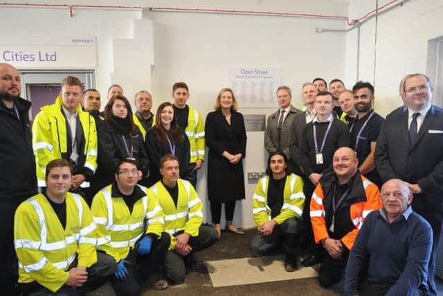 Works and Pensions Secretary Amber Rudd with Openreach staff at the official opening of the Peterborough training school.