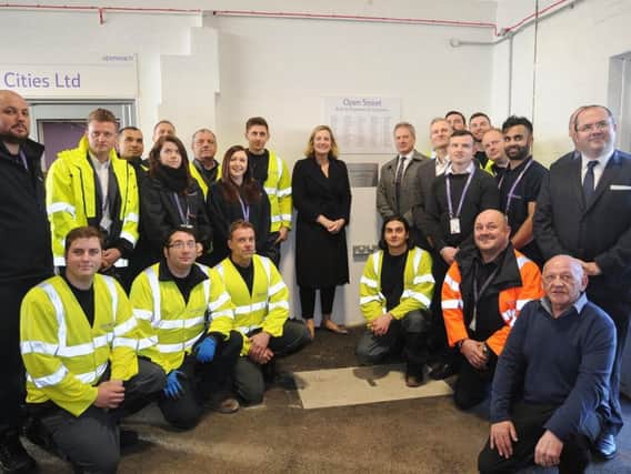 Works and Pensions Secretary Amber Rudd with Openreach staff at the official opening of the Peterborough training school.