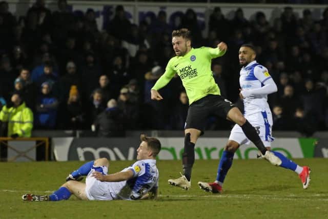 Posh striker Matt Godden shoots at the Bristol Rovers goal. Photo: Joe Dent/theposh.com.