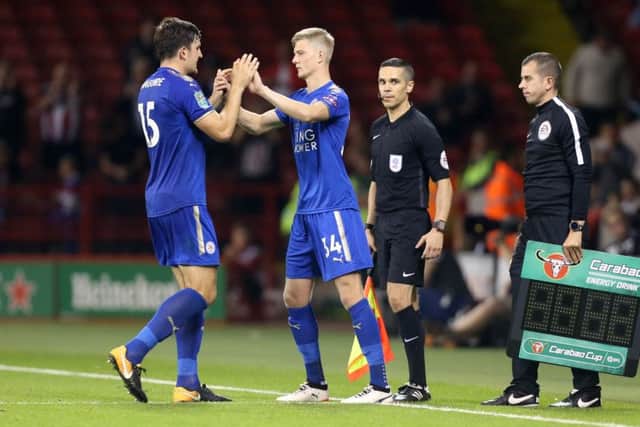 Josh Knight (right) comes on to make his Leicester City first-team debut in August, 2017. (Photo by Plumb Images/Leicester City FC via Getty Images)