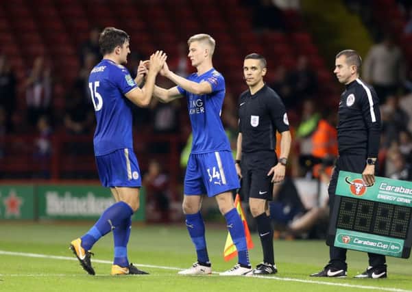 Josh Knight (right) comes on to make his Leicester City first-team debut in August, 2017. (Photo by Plumb Images/Leicester City FC via Getty Images)