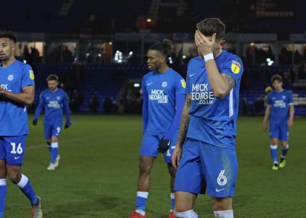 Ben White (6) is disappointed as he left the field folowing Posh's 1-0 defeat at home to Plymouth. Photo: Joe Dent/theposh.com.