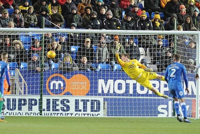 The ball flies past Posh goalkeeper Conro O'Malley to give Plymouth victory three minutes from time at the ABAX Stadium. Photo: David Lowndes.