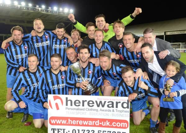 Whittlesey Athletic celebrate their 2016 PFA Senior Cup FInal success at the ABAX STadium.