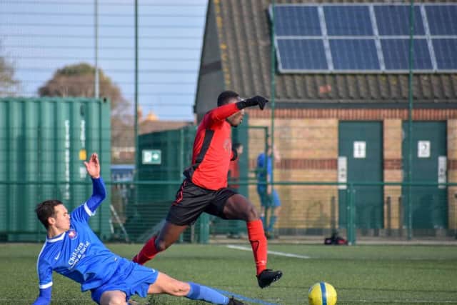 Action from Netherton's 2-2 draw with Whittlesey Athletic (blue) last weekend. Photo: James Richardson.