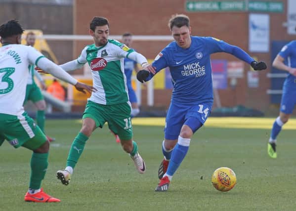 Callum Cooke in action for Posh against Plymouth last weekend. Photo: Joe Dent/theposh.com.