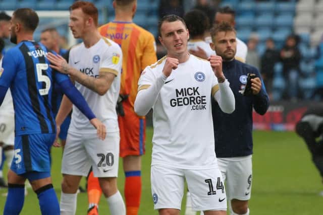 Callum Cooke celebrates after scoring for Posh in the win at Gillingham in September.