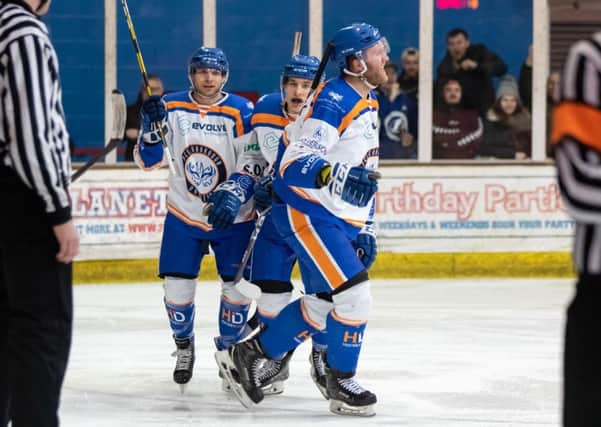 Petr Stepanek celebrates putting Phantoms level at 2-2 early in the third period against Swindon. Picture: Tom Scott