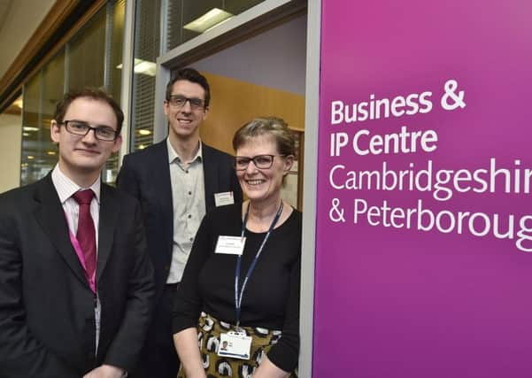 Richard Hunt from Vivacity, Dave Gimson (British Library) and Sue Wills (Cambs County Council library services at the launch of the Business & IP Centre at Central Library EMN-190213-123848009