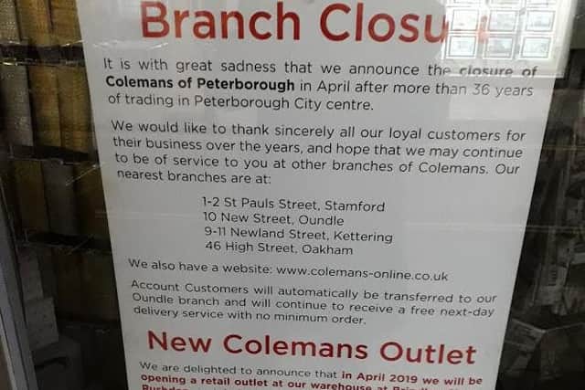 The Colemans in Peterborough closure notice.