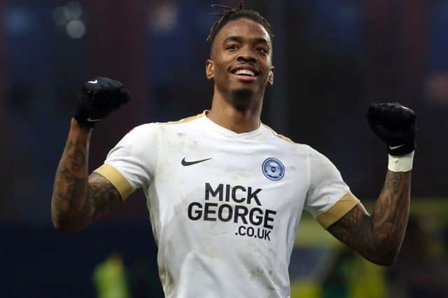 Ivan Toney celebrates the Posh win at Oxford.  Photo: Joe Dent/theposh.com.
