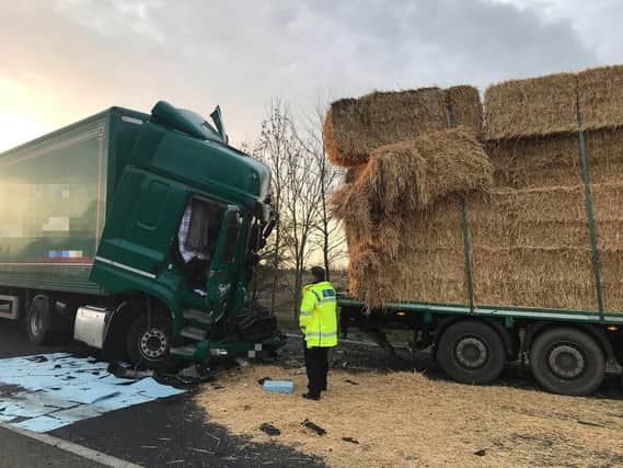 The scene of the two lorry crash on the A14 this morning. Photo: @Traffic_Sgt