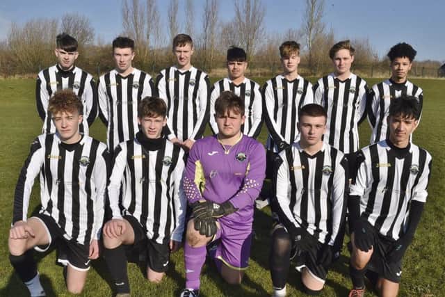 Oundle Town Under 18s. (front) Kieron Freeman, Zachary Hadman, James Hogg, Freddie Davies, Sam Greenhalgh. (back) Will Buck, Luke Wilson, Charley Hockey, Ryan Bishop, Rufus Sumner, Thierry Marques.
