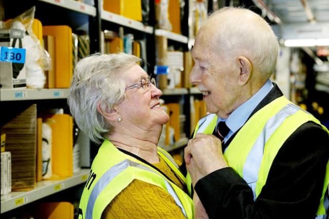 Muriel and John Fitzjohn in the Amazon fulfilment centre