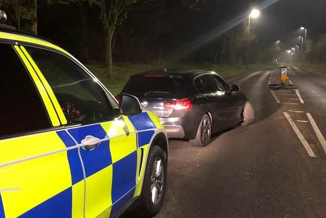 Not only did this driver fail to stop for @BCHPoliceDogs, he also failed to stop for the keep left bollard and broke his wishbone. Drugs/cash/knuckle duster located within, 2 arrested