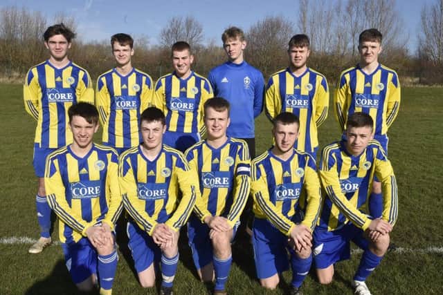 Hempsted Under 18s are pictured before their 4-1 win over Oundle. They are from the left, back, Ben Wright, Jacob Hoffmann, Callum Johnson, Brad Kendall, Sam Wilson, Alfie Armstrong, front, Kieran Hale, Nathan Snart, Charlie Talbot, Callum Pridmore and Josh Evans.