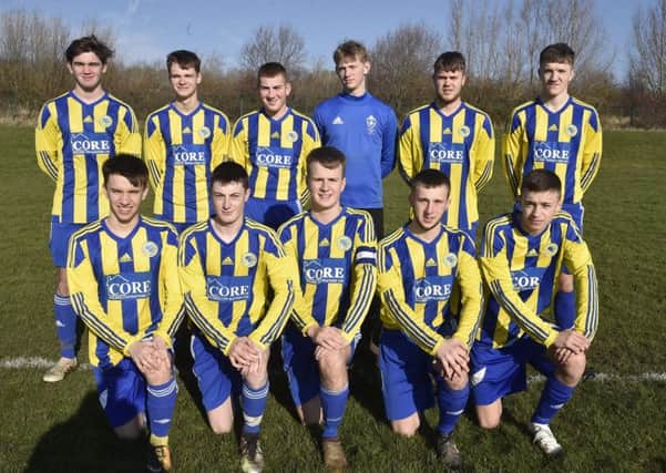 Hempsted Under 18s are pictured before their 4-1 win over Oundle. They are from the left, back, Ben Wright, Jacob Hoffmann, Callum Johnson, Brad Kendall, Sam Wilson, Alfie Armstrong, front, Kieran Hale, Nathan Snart, Charlie Talbot, Callum Pridmore and Josh Evans.