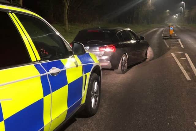 Not only did this driver fail to stop for @BCHPoliceDogs, he also failed to stop for the keep left bollard and broke his wishbone. Drugs/cash/knuckle duster located within, 2 arrested