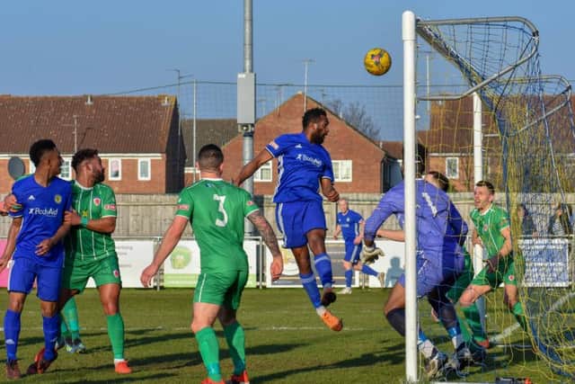 Avelino Vieira misses a great headed chance for Peterborough Sports against Bromsgrove Sporting. Photo: James Richardson.