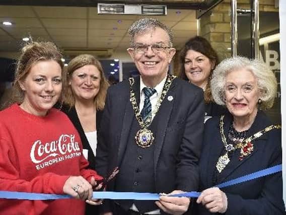 Opening the Job Show - main sponsor Jamie Marwood from Coca-Cola European Partners, with show organisers Victoria Clarke and Caroline Connaughton and Mayor of Peterborough Councillor Chris Ash and Mayoress Doreen Roberts.