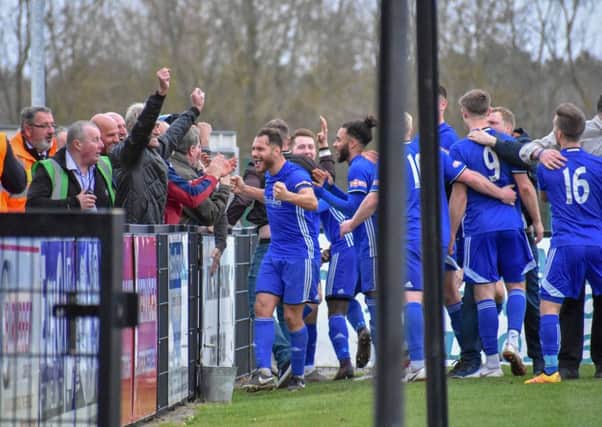 It was celebration time for title-seeking Peterborough Sports and their supporters at Corby Town this afternoon. Picture: James Richardson