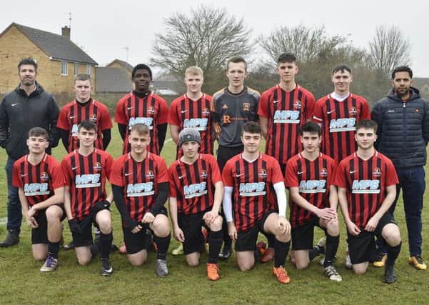 Pictured is the Yaxley FC Under 18 team beaten 3-1 by Gunthorpe Harriers Navy  in the League Cup. Their team was  Daniel Conway, Jake Cooper, Jack Driscoll, William Gore, Logan Gregory, Aidan Mulhern, Rory Nicholson, Oliver Oakley, Brandon Orchard, Matthew Robson,  Jack Szalajko,   Alex Dean and   Olamide Karim.