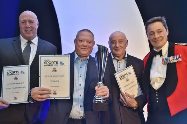 Lifetime Achievement Award finalists (from the left) Tommy Flynn, Kevin Sanders and Ian Parker pictured with Army sponsor Col. David Wakefield OBE.