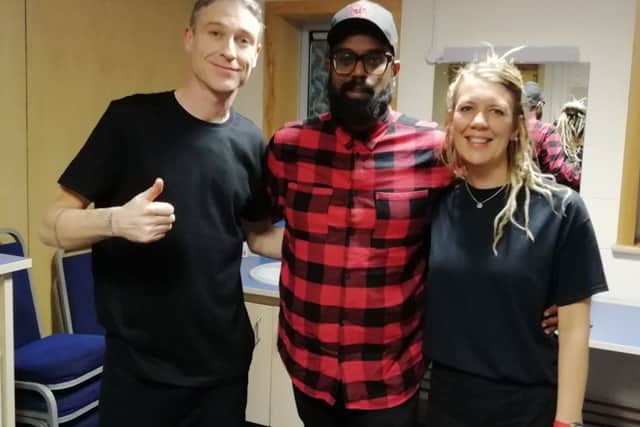 Gareth and Lynn with comedian Romesh Ranganathan