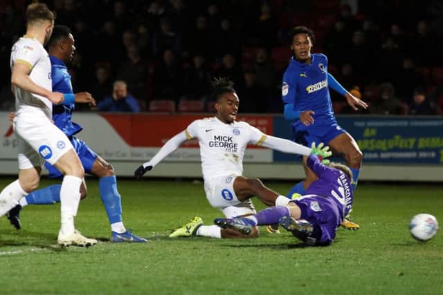 This Ivan Toney 'goal' for Posh at AFC Wimbledon was ruled out for offside. Photo: Joe Dent/theposh.com.