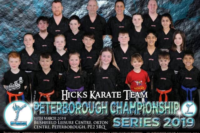 Hicks Karate School at the Peterborough Championship. From the left are, back, Darren Sindall, David Prior, Sarah Ward, David Cairns, third row, Kye Prior, Aaron Leonard, Casey Stone, Elise Ward, second row, Jolie Franks, Annie Dickson, Denas Jankauskas, Warren Bothamley, Shiv Panchal, Sophie Doyle, front, Archie Sindall, Tajus Jankauskas, Sophie Hicks, Lucy Hicks, Savannah Sindall, Joshua Leonard and Ravi Panchal.