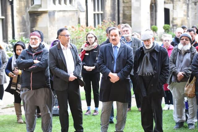 Christchurch vigil at Peterborough Cathedral attending by Mayor of Peterborough Coun. Chris Ash, Mayoress Doreen Roberts, Coun Ansar Ali, The Vicar of Peterborough Revd Canon Ian Black and Tim Alban Jones Peterborough Cathedral Canon in Residence EMN-190325-105250009