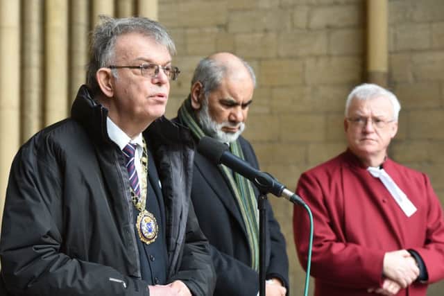 Christchurch vigil at Peterborough Cathedral attending by Mayor of Peterborough Coun. Chris Ash, Mayoress Doreen Roberts, Coun Ansar Ali, The Vicar of Peterborough Revd Canon Ian Black and Tim Alban Jones Peterborough Cathedral Canon in Residence EMN-190325-105326009